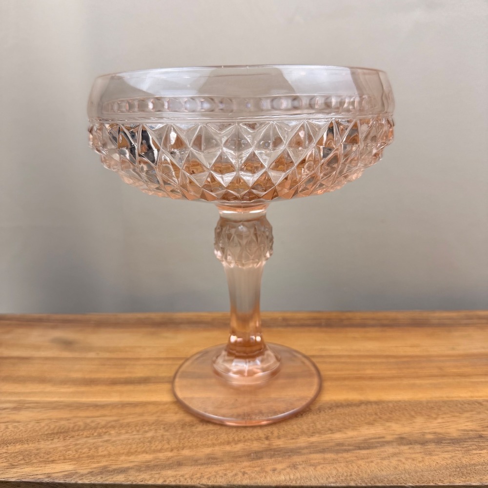 Indiana Glass Diamond Point Pink Pedestal Bowl Compote Vintage Footed Candy Dish